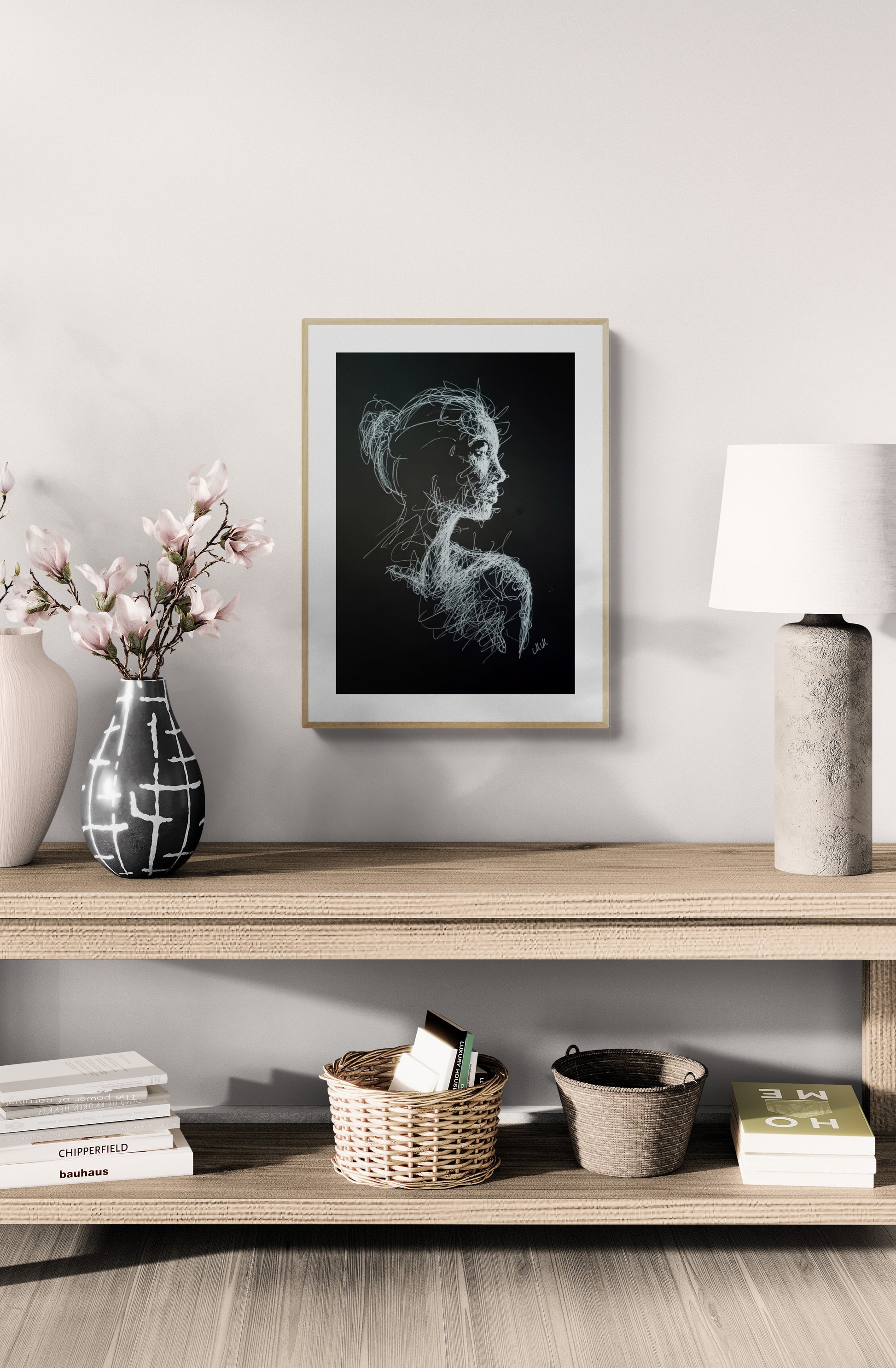 Modern Elegance Black and White Line Portrait Drawing - Original Sensual Art

This Modern Elegance black and white line portrait drawing is an original, sensual piece of artwork, handmade with love and care.

The minimalist female face figure captures a timeless beauty, offering a sophisticated touch to any space. The delicate lines, drawn with white pen on black art paper, evoke both grace and strength, creating a striking contrast that will captivate the eye.