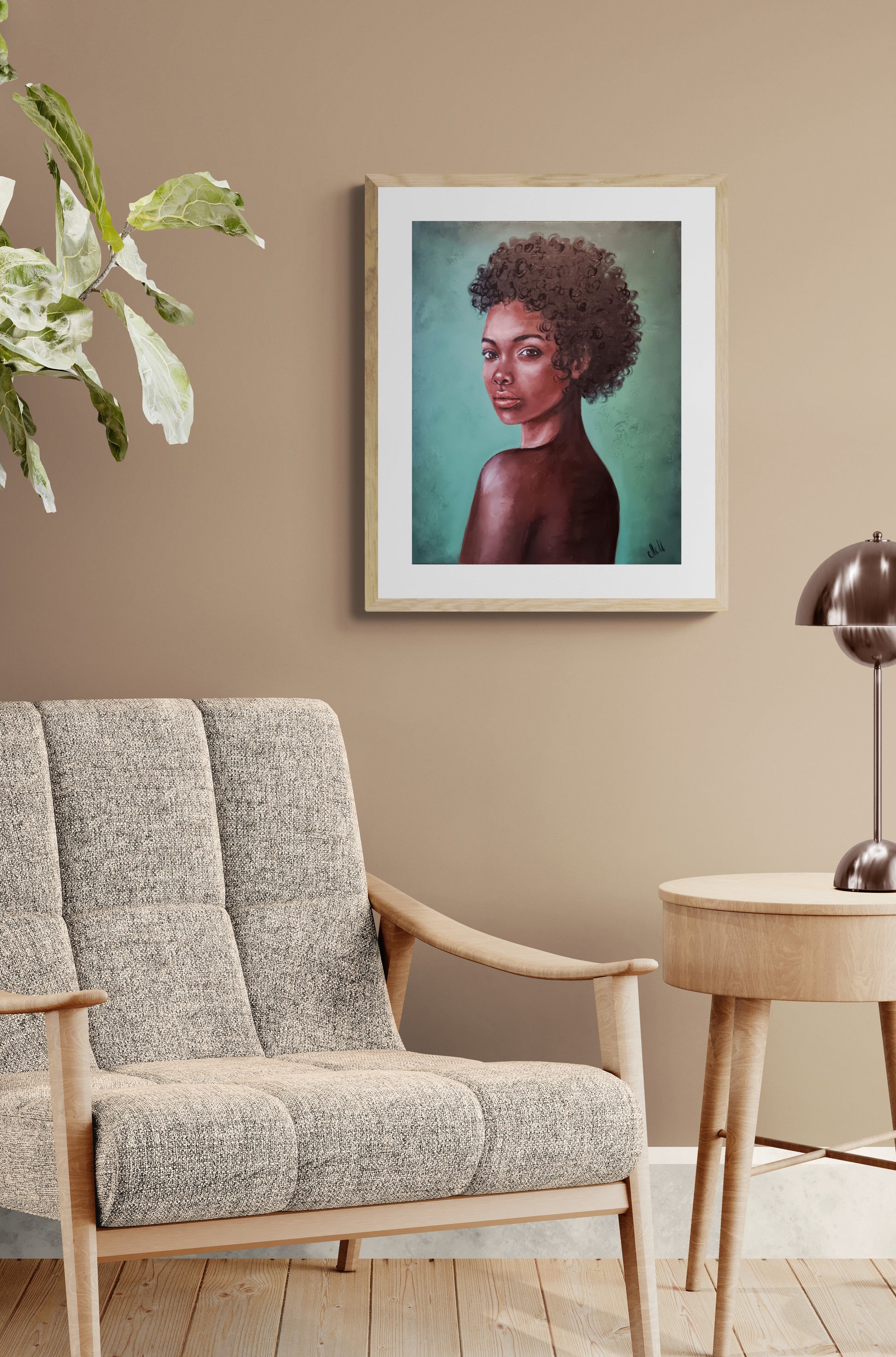 Living room with a original oil portrait painting - stunning african woman.