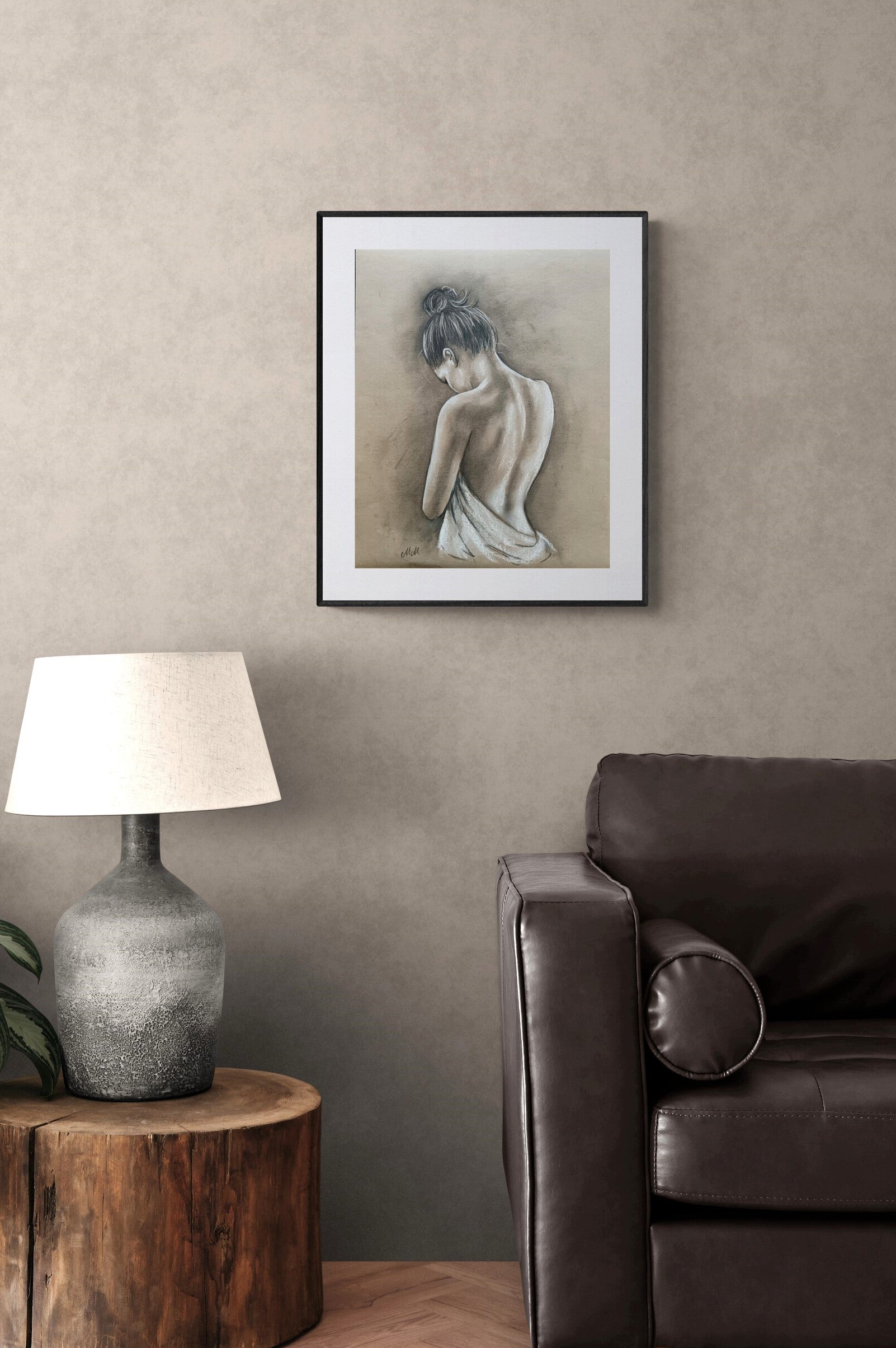Sensual Charcoal Nude Drawing – Elegant Timeless Figure Art

As an artist, I find beauty in the simplicity of form and the expressive nature of charcoal. This female nude wall art is a delicate yet powerful presentation of femininity.

Shy Beauty is drawn on recycled beige art paper for a vintage, timeless feel.

The soft charcoal strokes emphasize the natural curves of the female form, making this an intimate and captivating artwork.