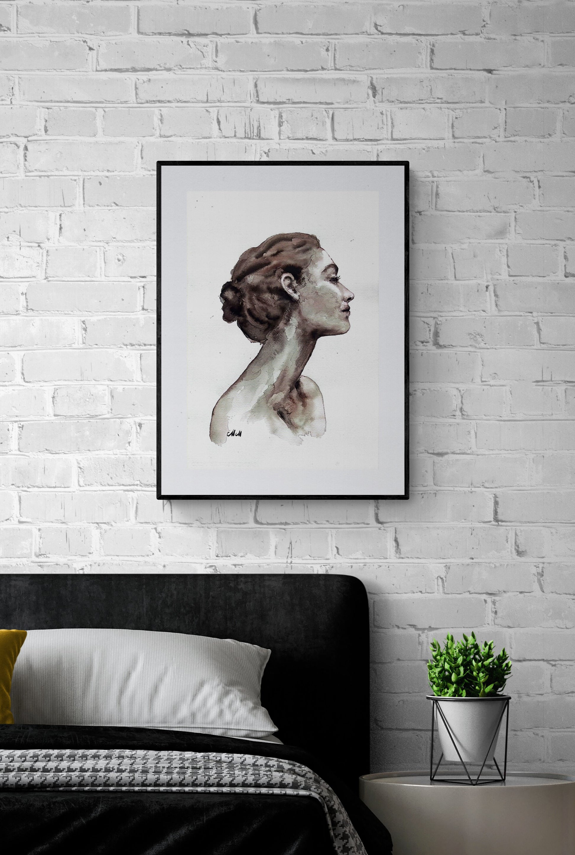 Grace Ink Portrait Painting – Original Black and White Female Profile Art

This female face is handmade drawing that beautifully captures the essence of feminine grace in a minimalist style.

Created with a delicate balance of black ink and watercolors, the female profile radiates elegance and grace, making it a timeless addition to any space.

Minimalist portrait of a woman artwork is simple yet powerful, demonstrating the beauty that can come from just water and a touch of black ink.