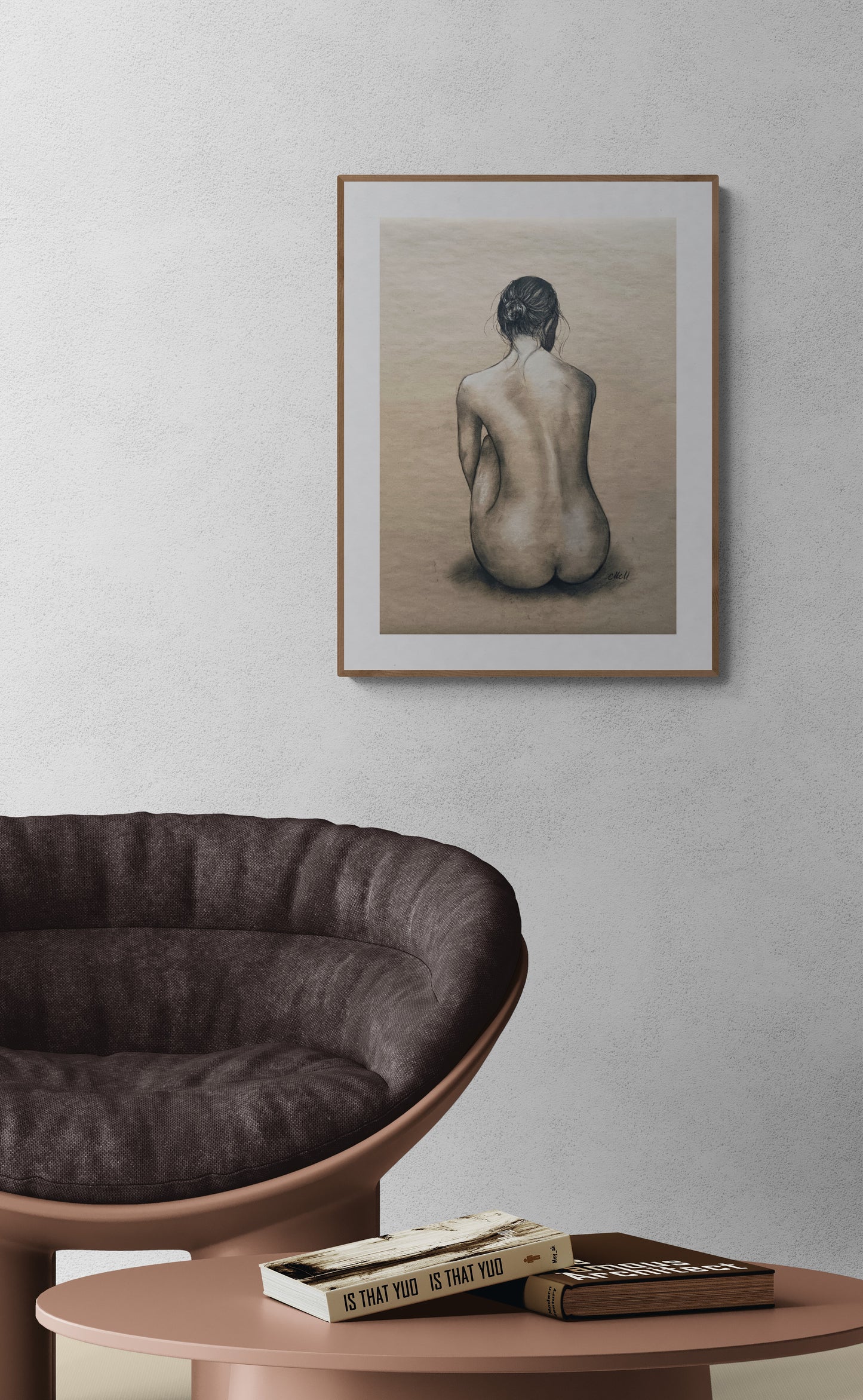 Each stroke of charcoal on recycled beige art paper highlights the soft curves and expressive form, making this nude woman artwork a timeless piece.