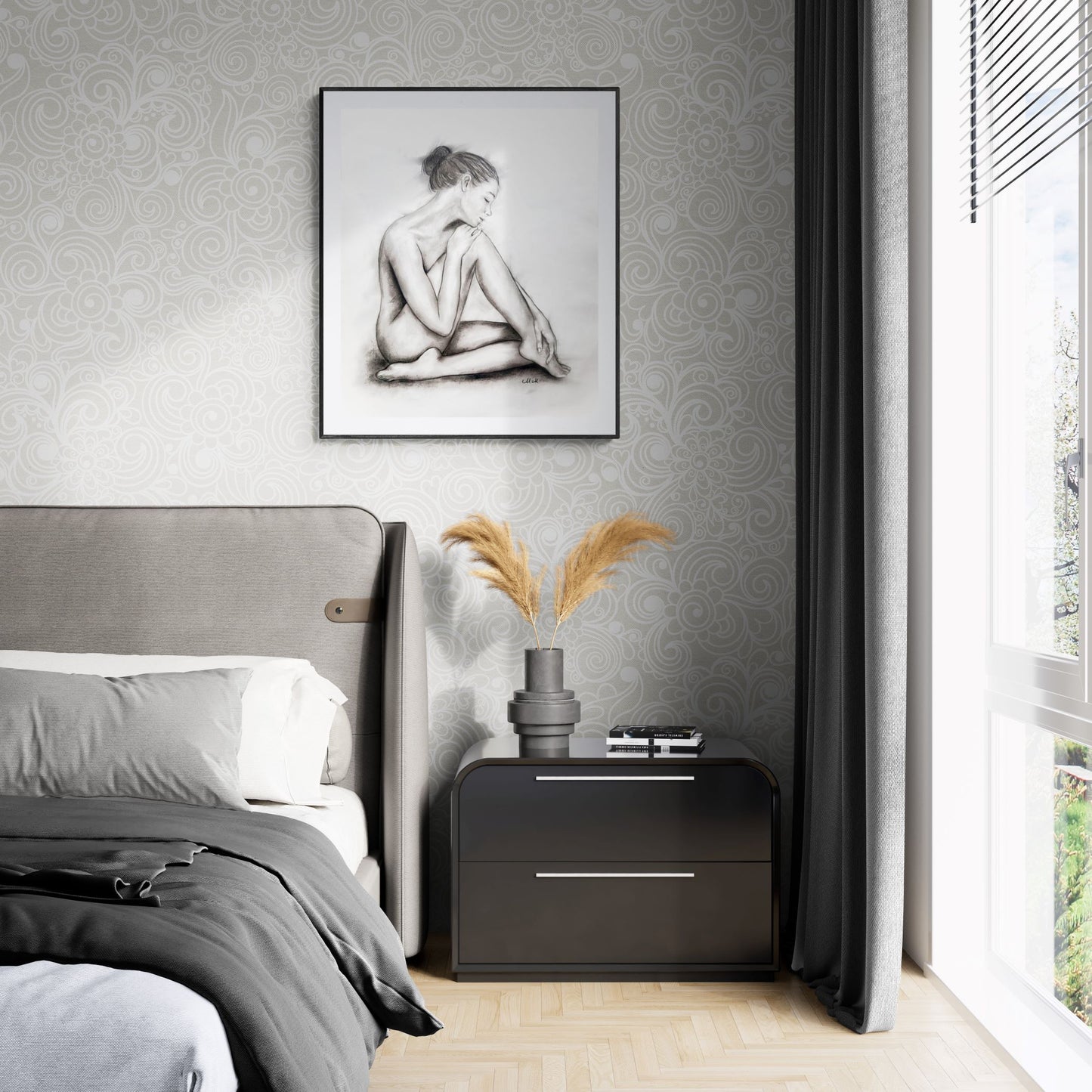 Modern bedroom with a bed, nightstand, and wall art.