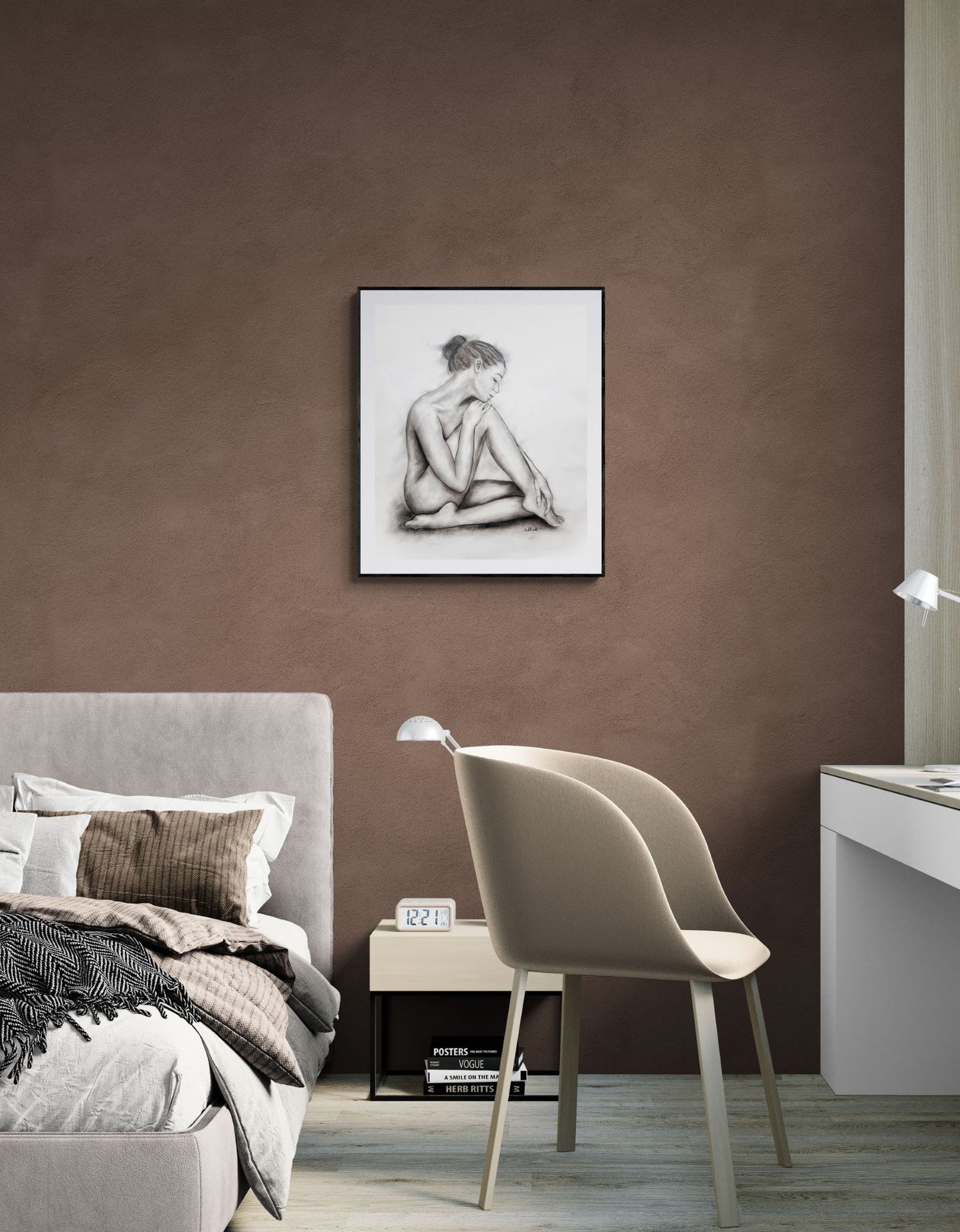 Modern bedroom with a bed, chair, and wall art on a brown wall.
