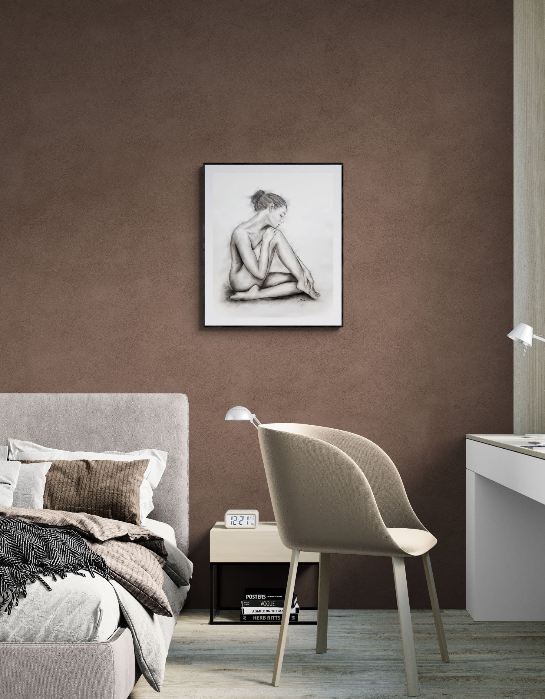 Modern bedroom with a bed, chair, and wall art on a brown wall.