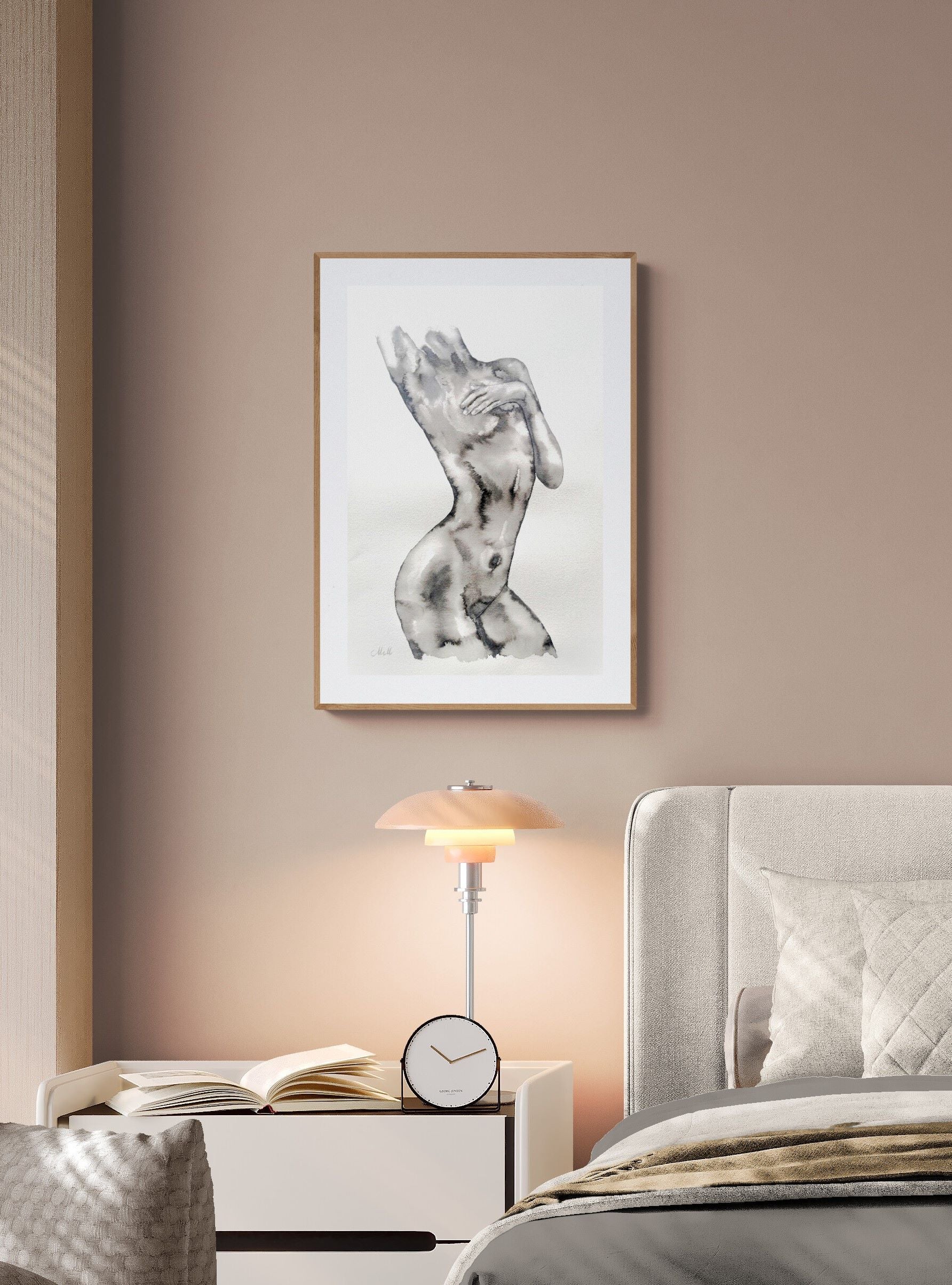 Modern bedroom interior with a framed artwork of a nude figure on the wall.