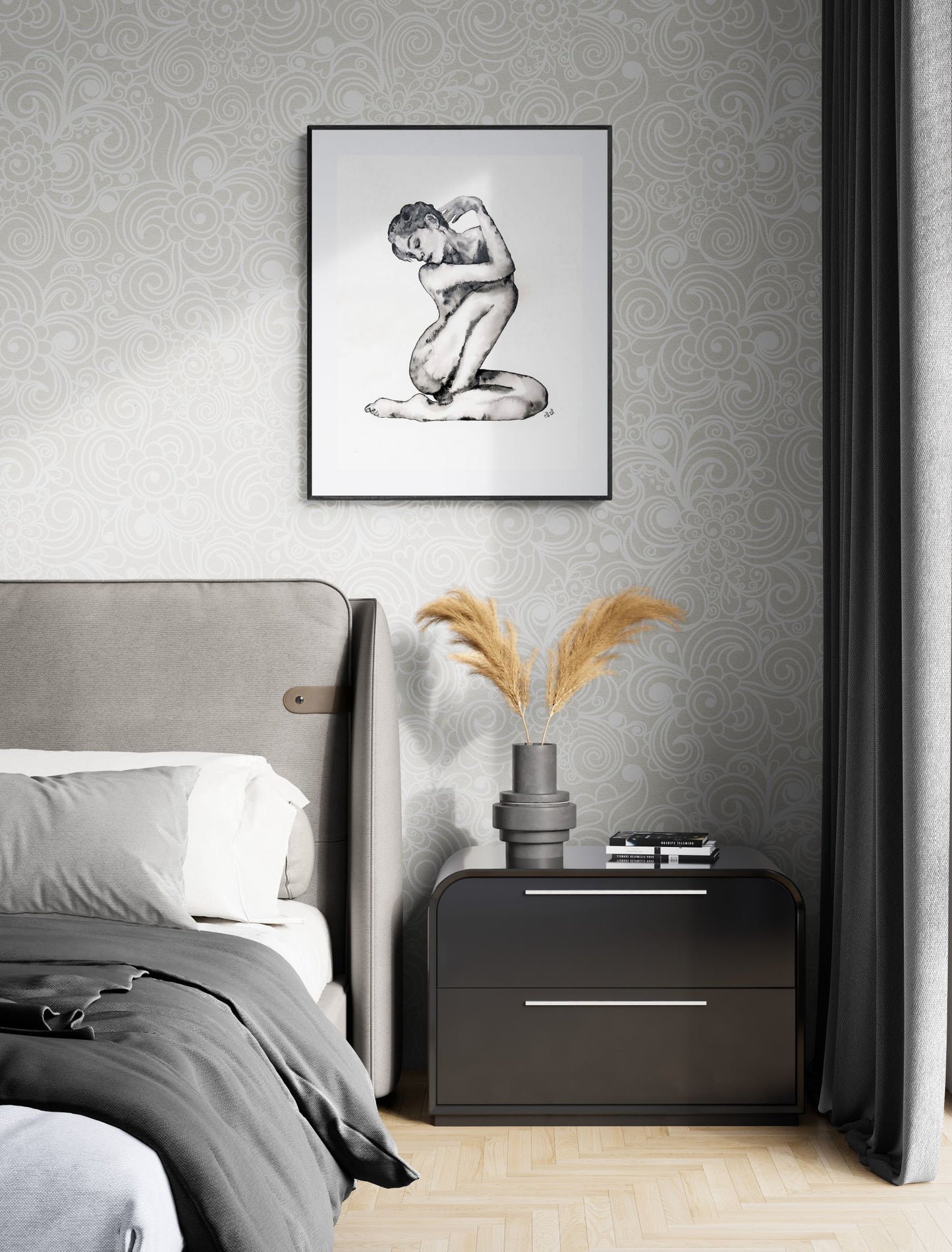 Modern bedroom with a bed, nightstand, and wall art.