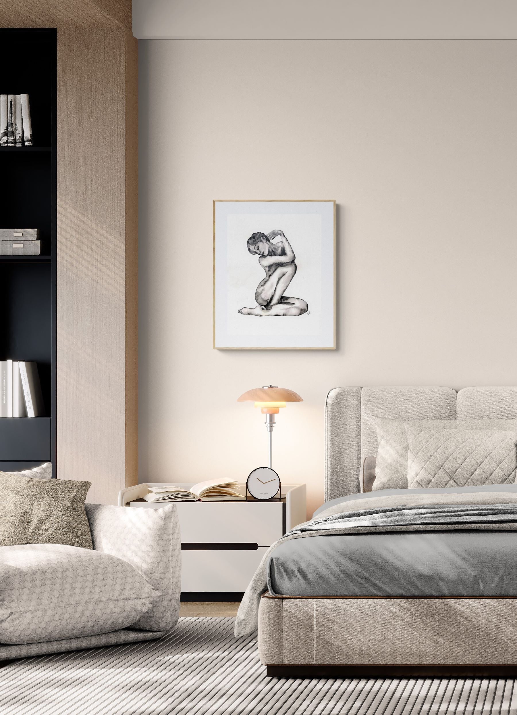 Modern bedroom with a bed, nightstand, and wall art.