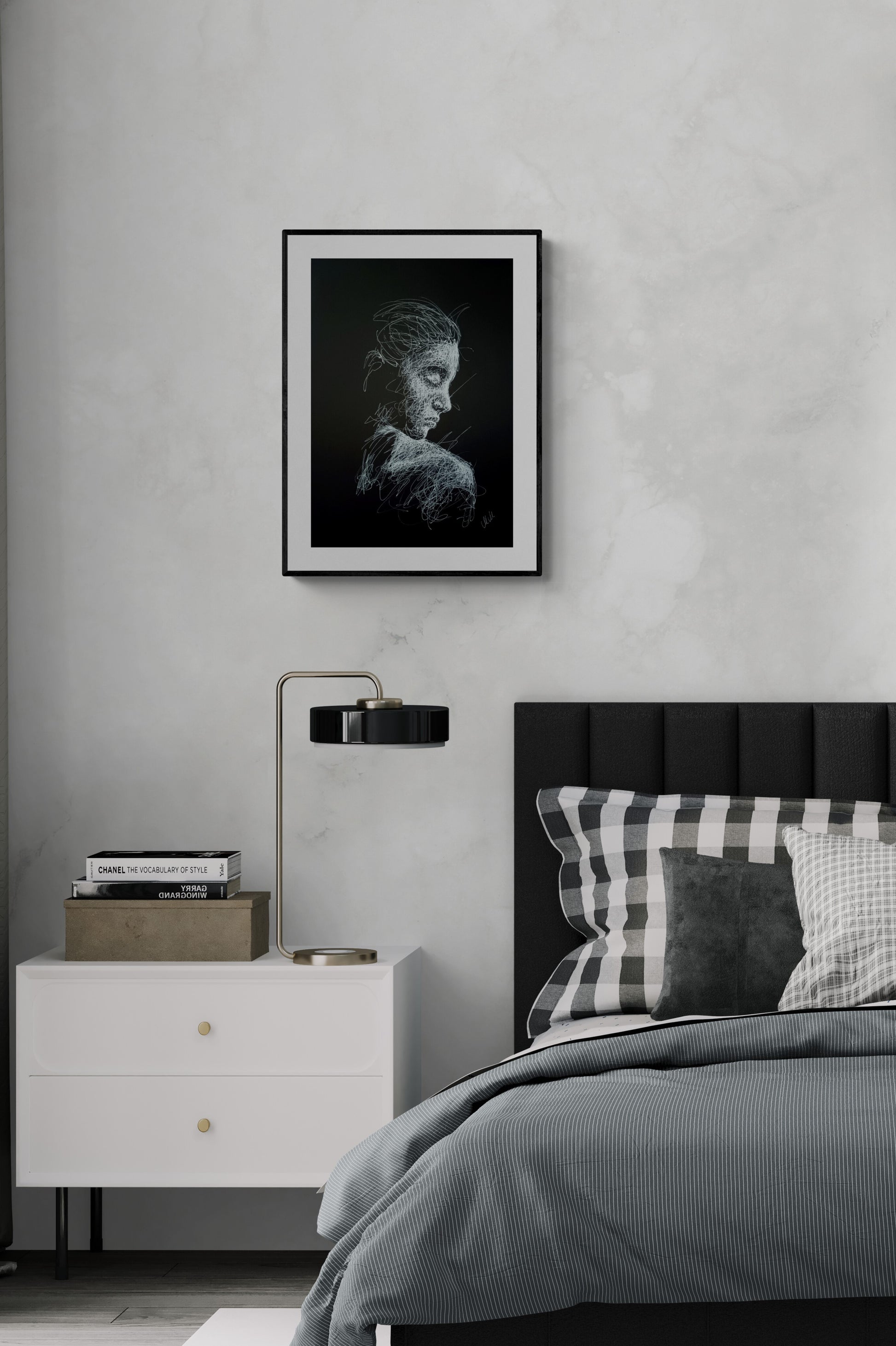 Alone - Modern Elegance Black and White Line Portrait Drawing

This Alone trendy fine art profile portrait drawing is an original, sensual piece of artwork, handmade with exceptional care and attention to detail.

The minimalist female face evokes a sense of timeless elegance, blending sophistication and grace in a way that enhances any space.

The delicate white pen lines, drawn on black art paper, create a striking contrast that captures both passion and strength.