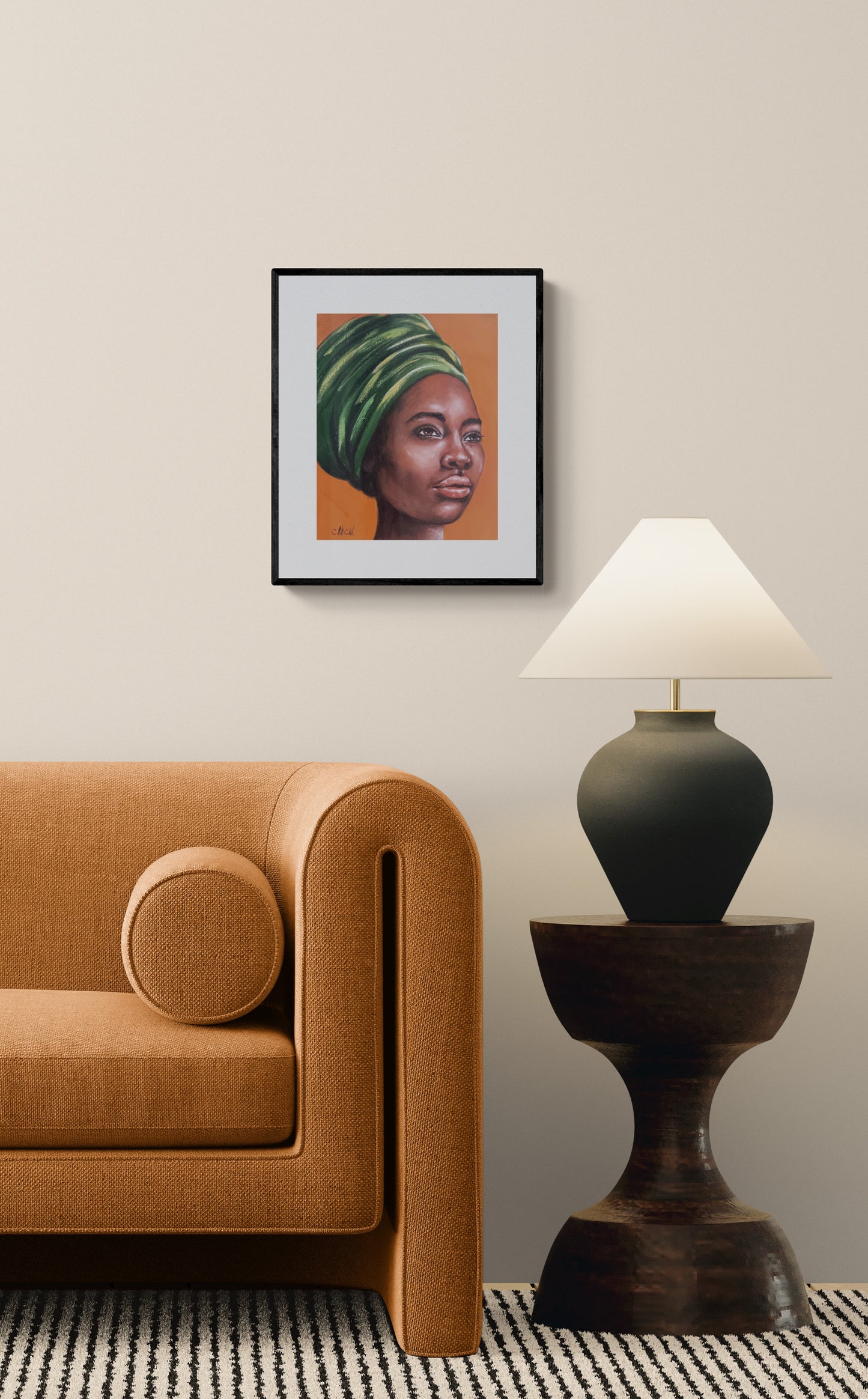 modern-living-room-wall decoration - original oil portrait of an african woman with green scarf
