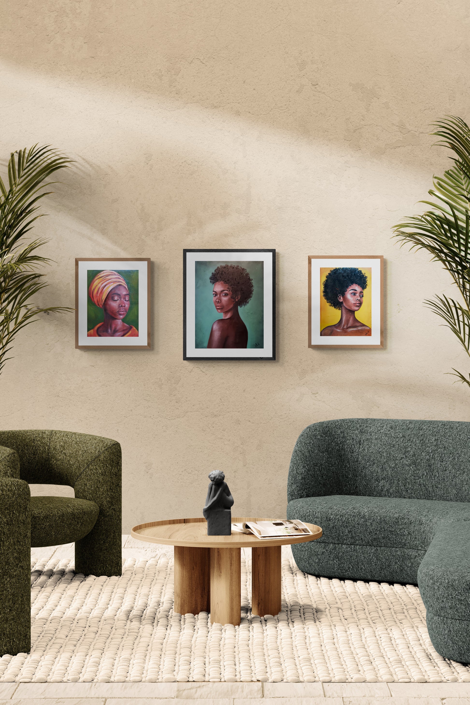 Living room with three framed portraits on a wall, a coffee table, and two armchairs.