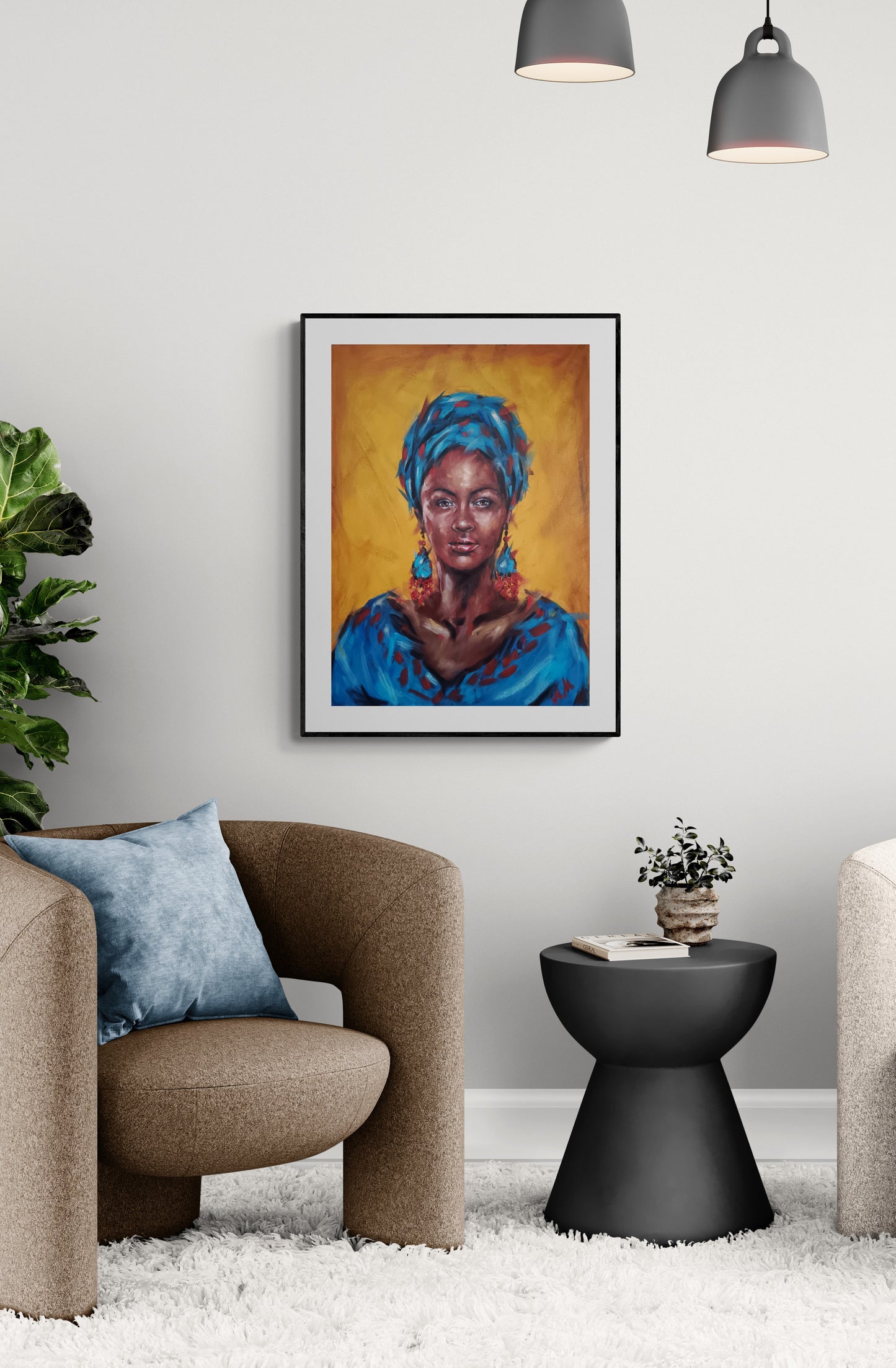 modern living-room - original oil portrait of african woman