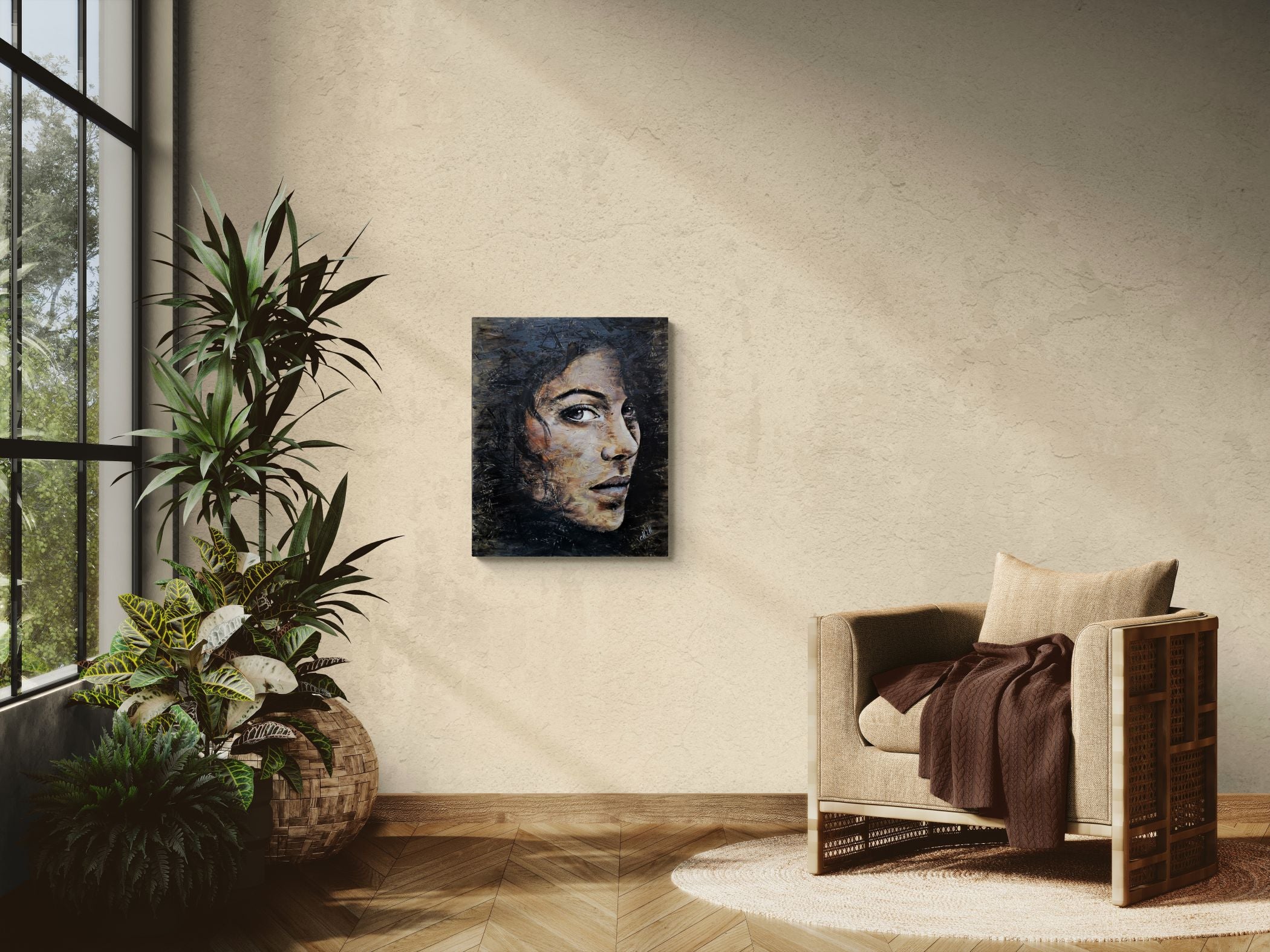 Modern interior with a chair, plants, and a wall art piece.