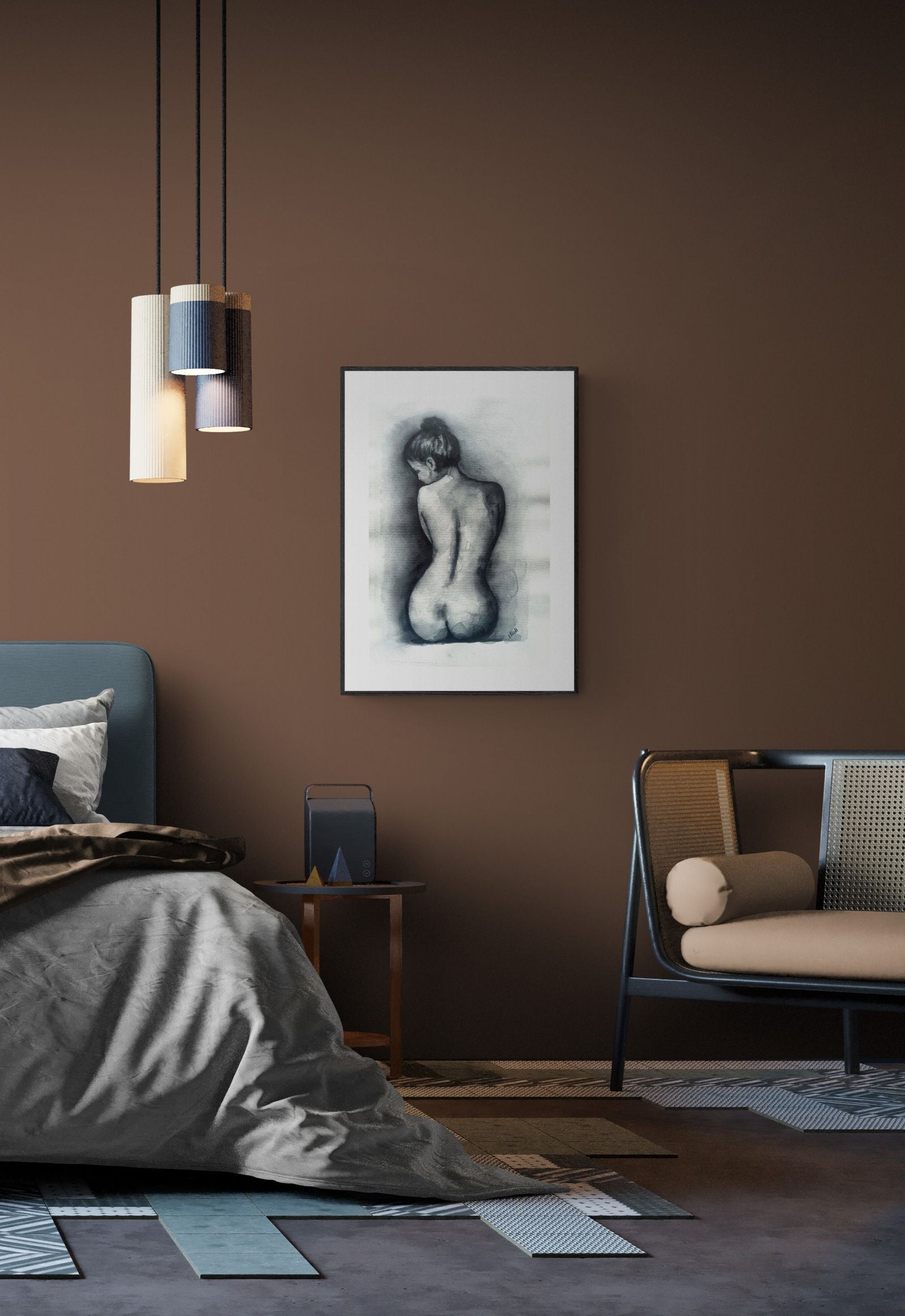 Modern bedroom with brown walls, a bed, and a chair with a framed artwork on the wall.