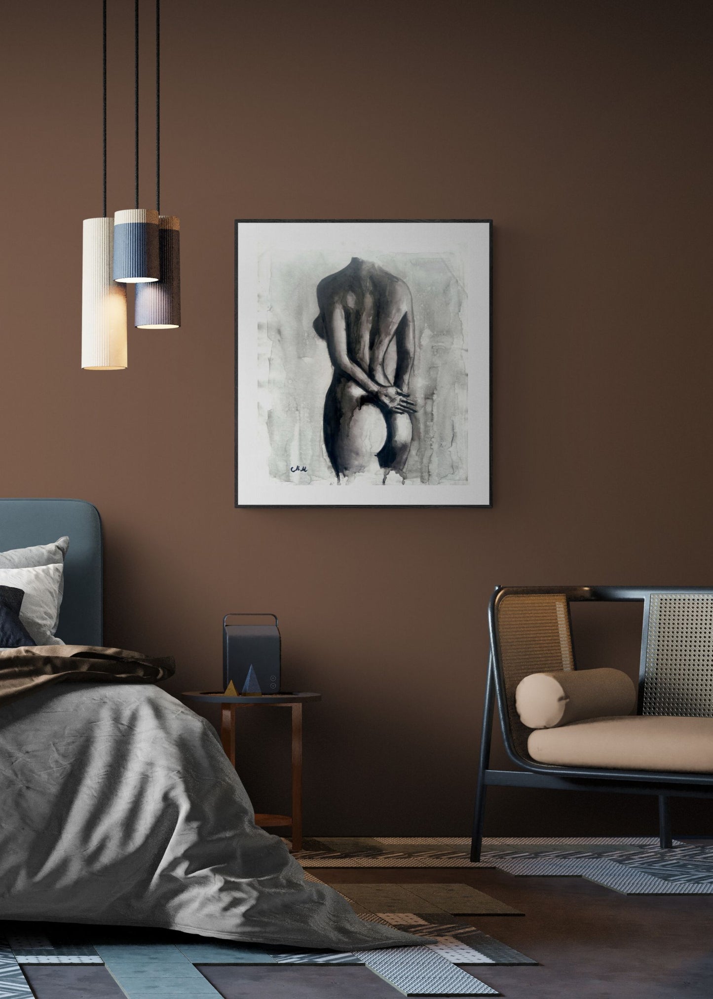 Modern bedroom with brown walls, a bed, chair, and framed artwork.
