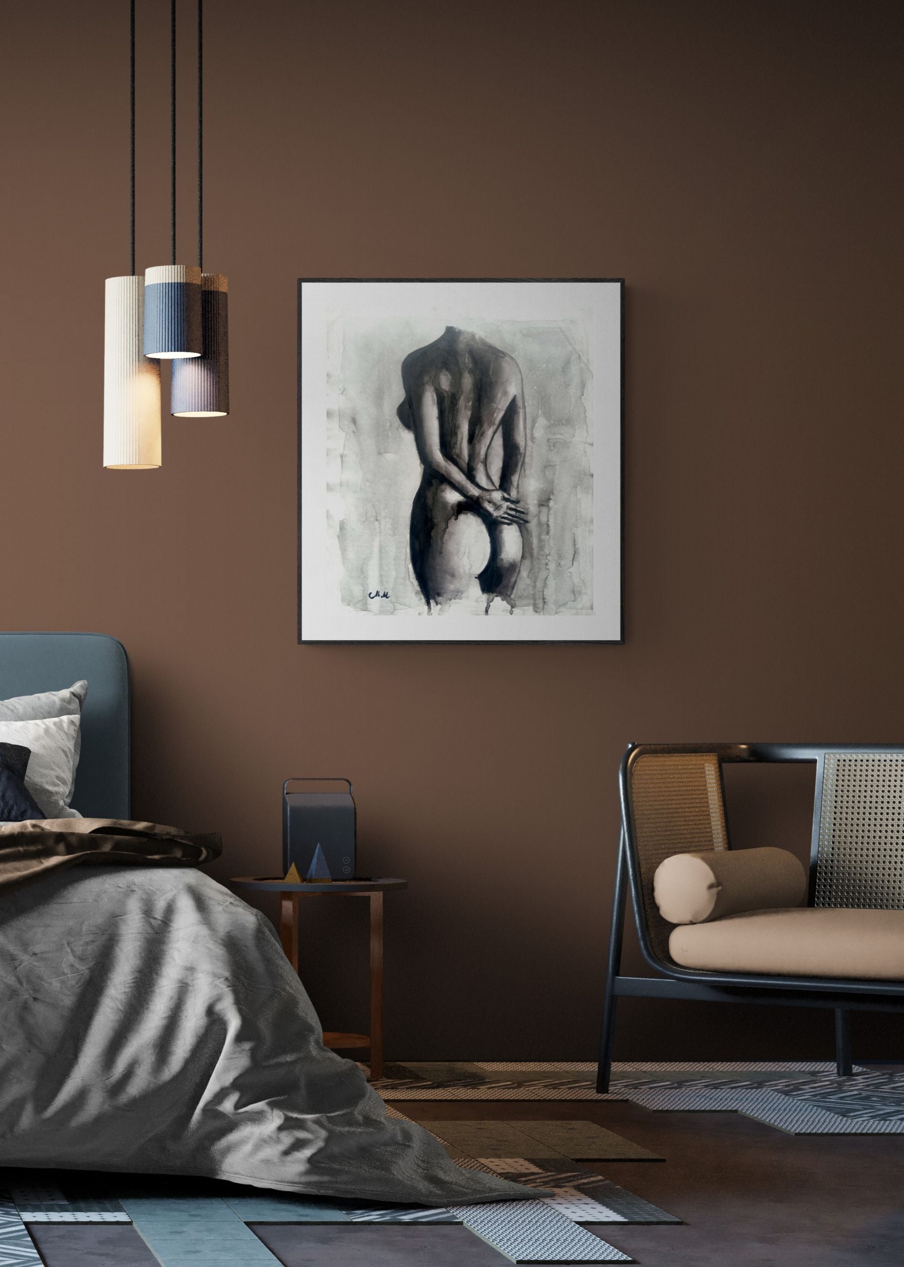 Modern bedroom with brown walls, a bed, chair, and framed artwork.