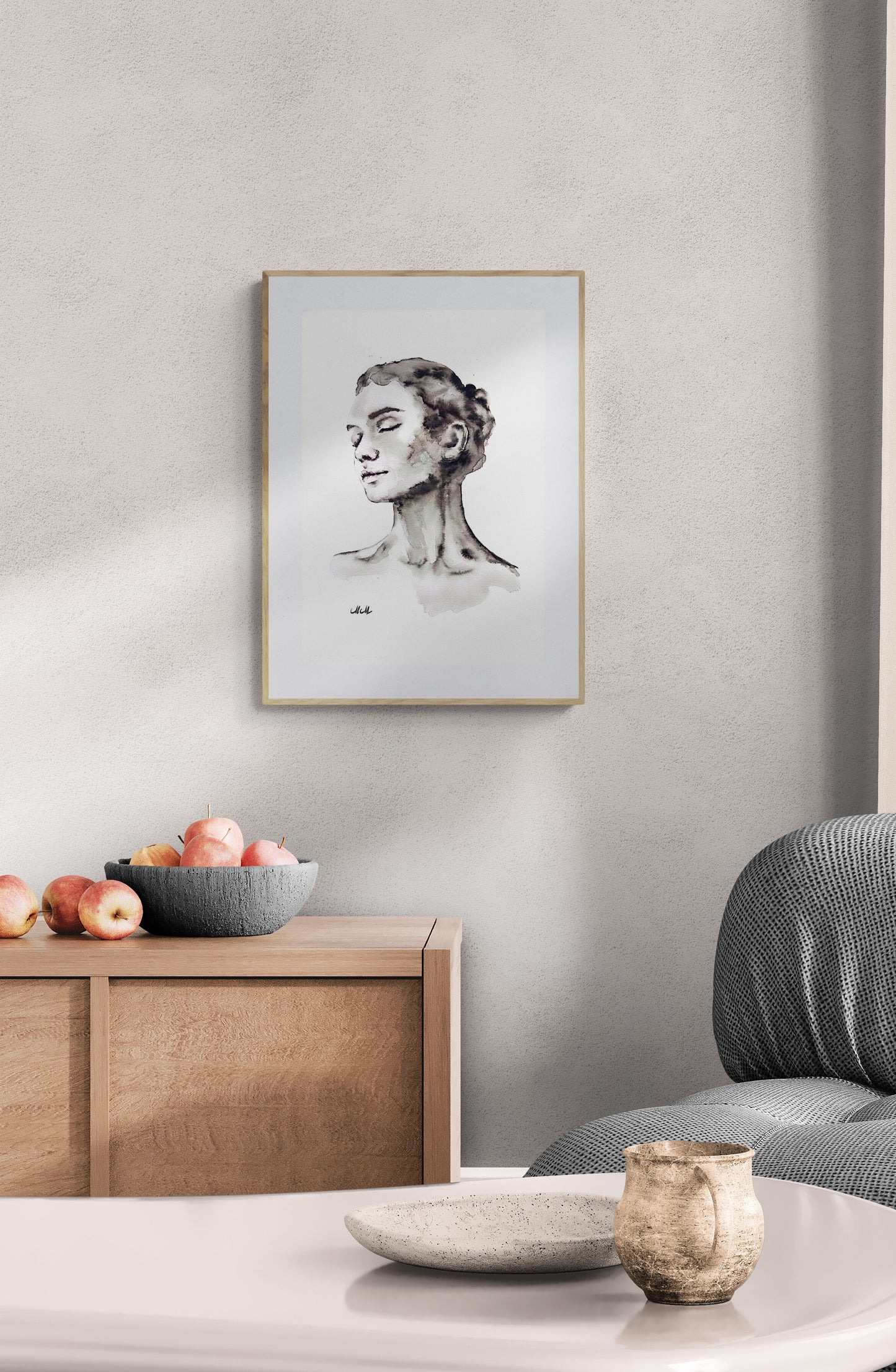 In Love Ink Portrait Painting – Original Black and White Female Profile Art

This captivating female portrait is a handmade drawing that beautifully embodies the essence of femininity in a refined minimalist style.

Made with a delicate play of black ink and watercolors, the female profile exudes both grace and strength, making it a timeless statement piece for any space.

This minimalist woman’s portrait is simple yet impactful, showcasing the elegance that emerges from just water and a hint of black.