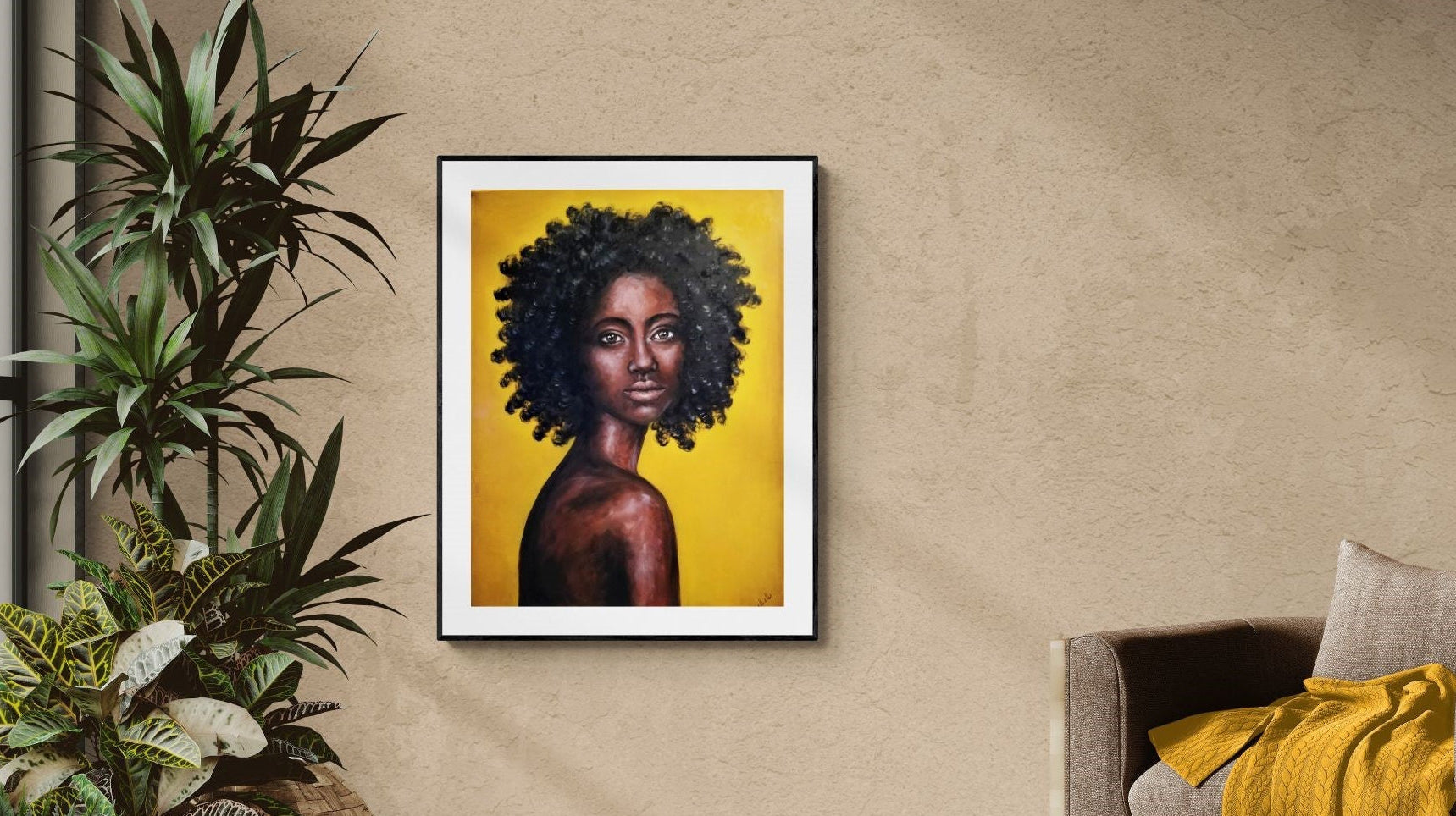 Framed artwork of a woman with an afro on a yellow background in a living room.