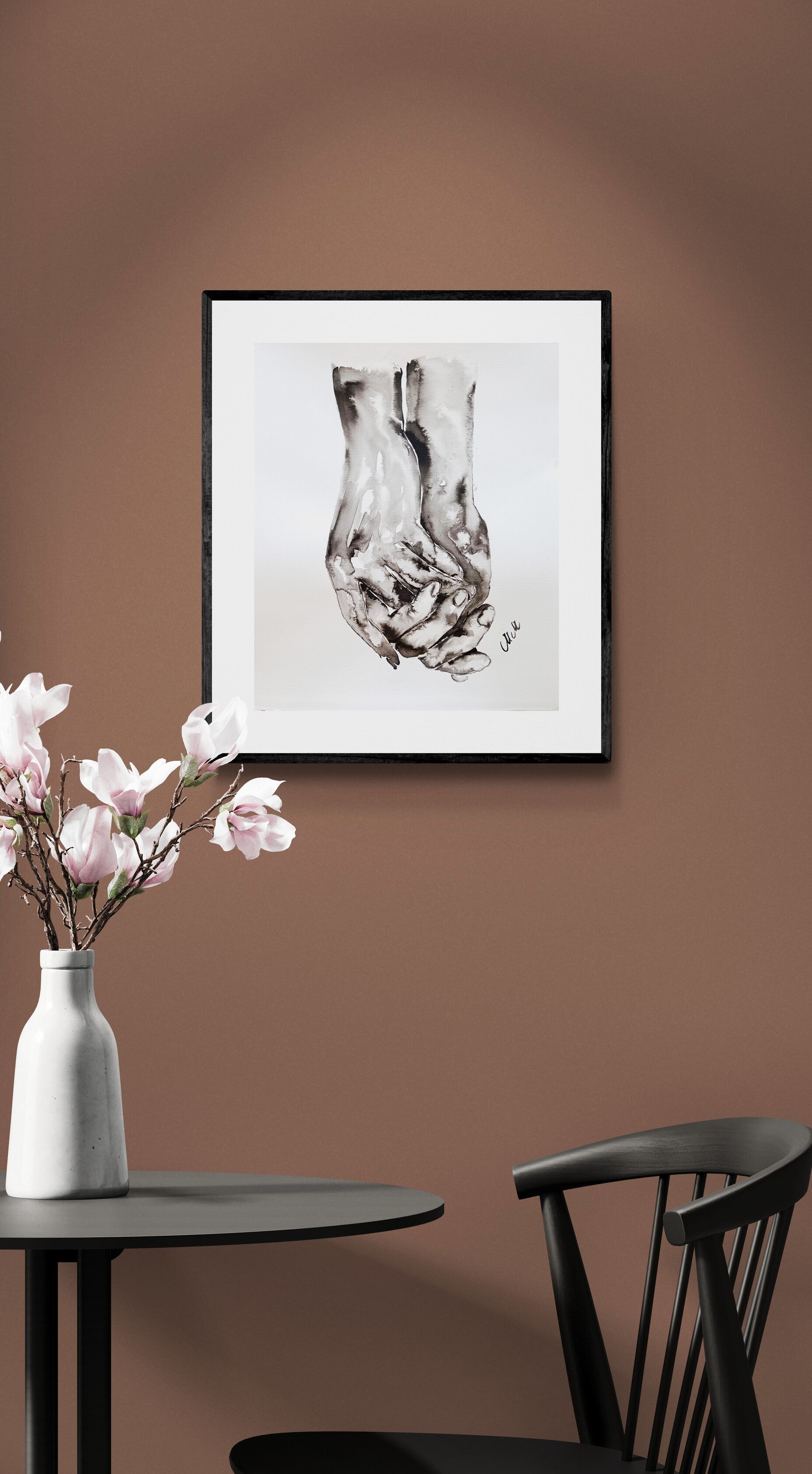 table-and-chair-next-to-Hand connection- minimalist ink artwork